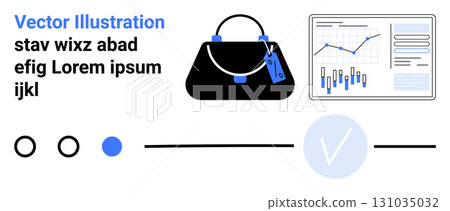 Black handbag with tags, business analytics graph with charts, and user interface elements including circles, line, and V icon. Ideal for e-commerce, business, analytics, finance, retail, UI design Black handbag with tags, business analytics graph with charts, and user interface elements including circles, line, and V icon. Ideal for e-commerce, business, analytics, finance, retail, UI design 131035032