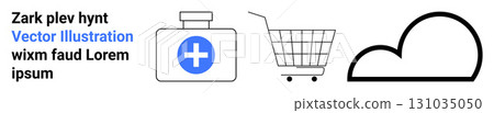 Medical jar with cross, shopping cart, cloud outline in minimalist style. Ideal for healthcare, e-commerce, cloud computing, tech solutions, online services, digital integration, and graphic design Medical jar with cross, shopping cart, cloud outline in minimalist style. Ideal for healthcare, e-commerce, cloud computing, tech solutions, online services, digital integration, and graphic design 131035050