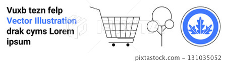 Shopping cart next to a minimalistic tree line drawing and eco-badge. Ideal for sustainability, eco-friendly campaigns, natural products, green living, shopping apps, environmental awareness. Banner Shopping cart next to a minimalistic tree line drawing and eco-badge. Ideal for sustainability, eco-friendly campaigns, natural products, green living, shopping apps, environmental awareness. Banner 131035052
