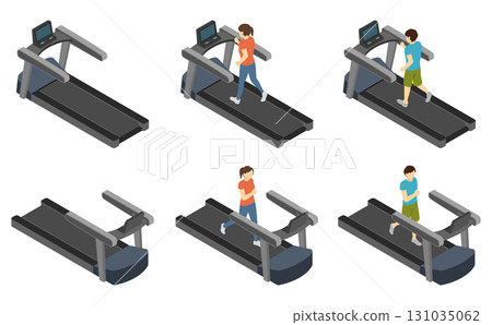 Isometric illustration: Men and women running on treadmills 131035062