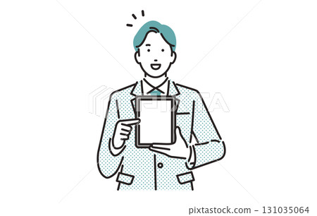 A male businessman giving instructions while showing the tablet screen 131035064