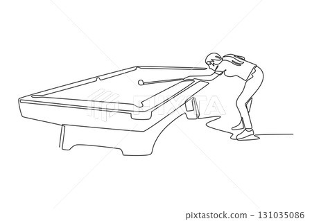 Single continuous line drawing attractive female in a low, focused stance, aiming a shot on pool table. Precision, strategy, and concentration of game. One line draw graphic design vector illustration 131035086