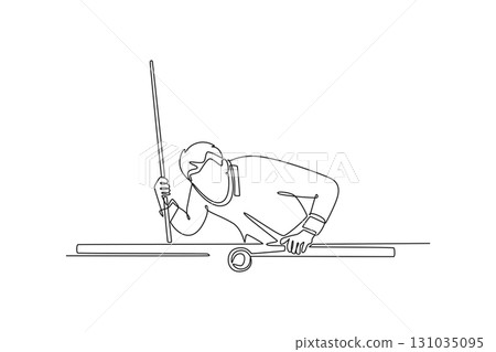 Single one line drawing man playing billiards in low, focused stance, aiming shot on pool table. Precision, strategy, concentration of the game. Continuous line draw design graphic vector illustration Single one line drawing man playing billiards in low, focused stance, aiming shot on pool table. Precision, strategy, concentration of the game. Continuous line draw design graphic vector illustration 131035095