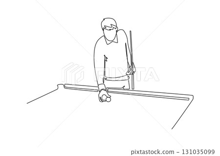 Single one line drawing sportsman in a poised stance, preparing for break shot on pool table. Strategy, concentration, and start of game. Modern continuous line draw design graphic vector illustration 131035099