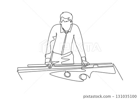 Single one line drawing young man in suit contemplating his next shot. Strategy, mental focus, calm concentration of a billiard player. Modern continuous line draw design graphic vector illustration 131035100