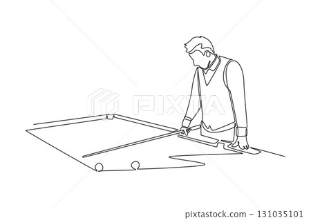 Single one line drawing active male pool athlete aiming a cue stick, representing poised concentration and technical skill of a billiard player. Continuous line draw design graphic vector illustration 131035101