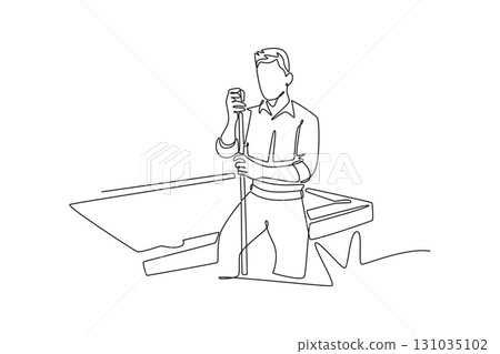 Single one line drawing man contemplating his next shot. Symbolizing strategy, mental focus, and calm concentration of a billiard player. Modern continuous line draw design graphic vector illustration Single one line drawing man contemplating his next shot. Symbolizing strategy, mental focus, and calm concentration of a billiard player. Modern continuous line draw design graphic vector illustration 131035102