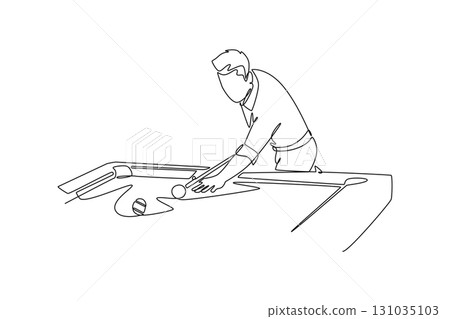 Continuous one line drawing young man athlete leaning over a billiards table, lining up a shot with focused intent, emphasizing his careful skill. Single line draw design vector graphic illustration Continuous one line drawing young man athlete leaning over a billiards table, lining up a shot with focused intent, emphasizing his careful skill. Single line draw design vector graphic illustration 131035103