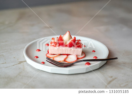 Strawberry terrine and beautiful presentation on a white plate Strawberry terrine and beautiful presentation on a white plate 131035185