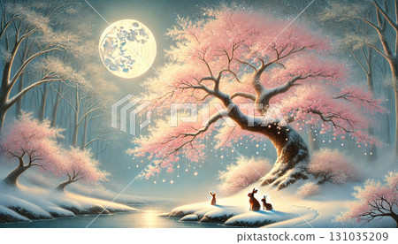 A fantastical and heartwarming scene depicting rabbits gathering under a large cherry tree on a snowy riverside illuminated by the full moon. 131035209