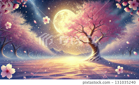 這是一幅神秘的夜景插圖，描繪了被滿月光芒照亮的櫻花樹和夢幻般的雪景。 131035240
