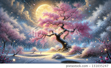 一棵大櫻花樹在滿月的照耀下,在雪林中閃閃發光,一隻小兔子抬頭仰望,這幅神奇的景象 一棵大櫻花樹在滿月的照耀下,在雪林中閃閃發光,一隻小兔子抬頭仰望,這幅神奇的景象 131035247