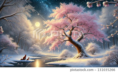 A fantastical and mysterious landscape of blooming cherry blossoms and a fox nestling in a snowy forest illuminated by the full moon. A fantastical and mysterious landscape of blooming cherry blossoms and a fox nestling in a snowy forest illuminated by the full moon. 131035266