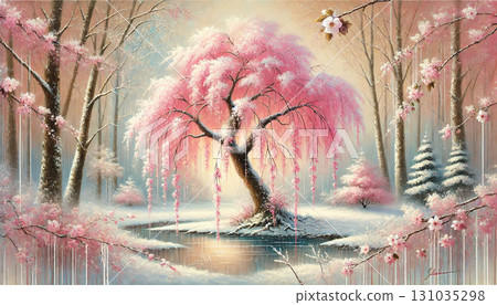 A beautiful forest landscape with weeping cherry blossoms blooming in the snowy winter scenery and their fantastical reflections in the pond 131035298