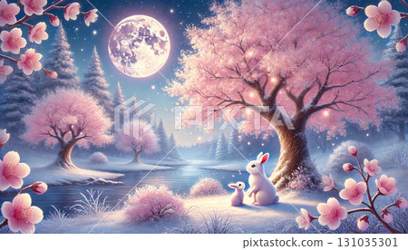A gentle and fantastical fantasy landscape of a snowy landscape where a mother and child white rabbit look out over cherry blossoms and a river under the full moon. 131035301