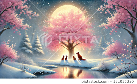 A mother and her foxes huddle under a cherry tree illuminated by the full moon, creating a magical and heartwarming spring night scene with light spreading across the snowy landscape. 131035350