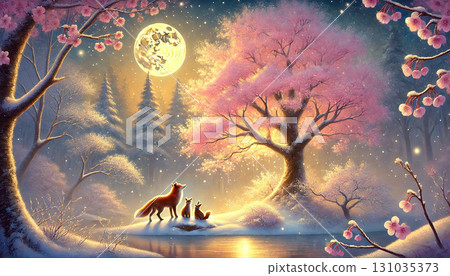 一隻狐狸媽媽和一隻狐狸小孩依偎在雪景中，在滿月的照耀下，櫻花盛開，這是一個夢幻而溫馨的場景。 131035373