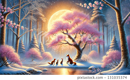這是一個奇幻的冬夜故事，一隻狐狸和一隻兔子依偎在雪景中，櫻花樹在滿月的照耀下。 131035374