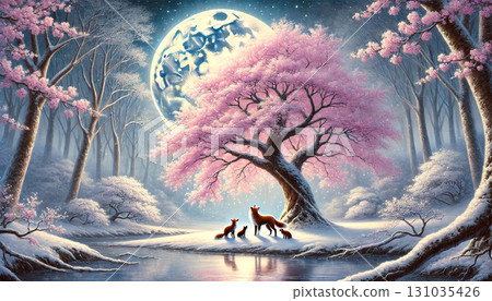 A fantastical and warm spring night scene depicting a mother fox and her cub huddled together under cherry blossoms illuminated by a full moon. 131035426