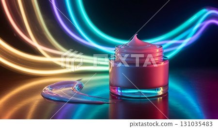 Luxurious pink cream jar with glowing neon light streaks, perfect for modern beauty advertising. Luxurious pink cream jar with glowing neon light streaks, perfect for modern beauty advertising. 131035483