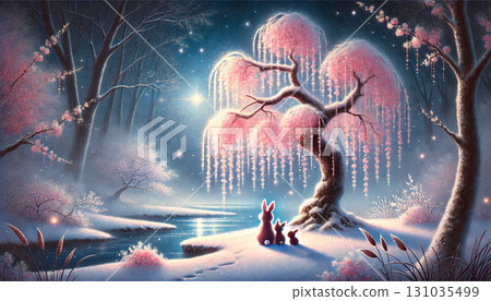 A quiet night landscape with weeping cherry blossoms blooming in a fantastic snowy forest and three rabbits standing there 131035499