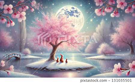 A fantastical spring night illustration of a mother and child rabbit standing on a snowy island surrounded by a full moon and cherry blossoms. 131035501