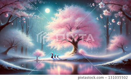 夢幻神秘的夜景：滿月照亮的櫻花樹和坐在湖邊的三隻兔子。 131035502
