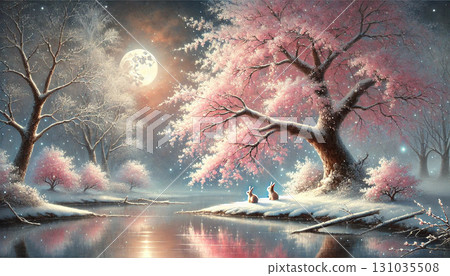 夢幻浪漫的湖畔場景，兩隻兔子站在雪地和月光下的櫻花下。 131035508