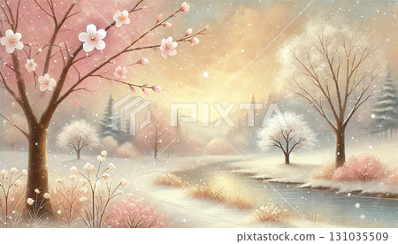 一幅奇妙而浪漫的冬日場景插圖，描繪了日出時分河畔森林飄落的雪花和盛開的櫻花樹。 131035509