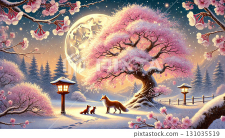 夢幻又溫暖的冬夜場景,一隻狐狸媽媽和一隻狐狸寶寶站在被滿月和櫻花照亮的雪景中。 夢幻又溫暖的冬夜場景,一隻狐狸媽媽和一隻狐狸寶寶站在被滿月和櫻花照亮的雪景中。 131035519