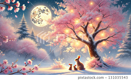 A fantastic night scene of a mother and baby rabbit nestled together in a snowy forest surrounded by a full moon and glowing cherry blossoms. 131035543
