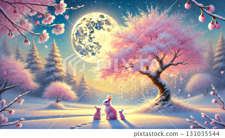 A spring night illustration of a fantastic snowy landscape with a mother and baby rabbit standing under a full moon and cherry blossoms 131035544