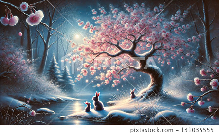 夢幻般的冬季奇幻風景,櫻花和兔子凝視著白雪覆蓋的夜晚的小溪。 夢幻般的冬季奇幻風景,櫻花和兔子凝視著白雪覆蓋的夜晚的小溪。 131035555