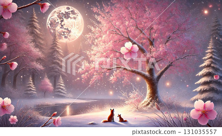 A fantastical winter scene depicting a mother and child fox nestling under cherry blossoms illuminated by a full moon and snow. 131035557