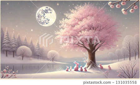 A fantastic winter scene of pink rabbits gathered together on a full moon night, surrounded by snow and cherry blossoms A fantastic winter scene of pink rabbits gathered together on a full moon night, surrounded by snow and cherry blossoms 131035558