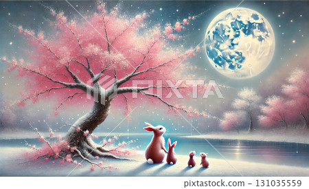 A fairytale winter scene of rabbits looking up at the night sky under a fantastic full moon and cherry blossoms 131035559
