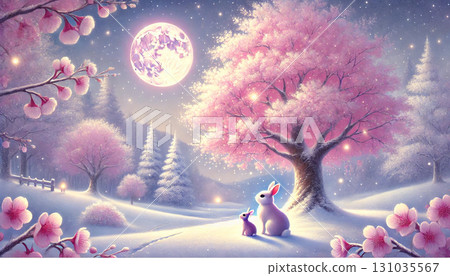 A fantastic illustration of a snowy landscape with cherry blossoms and a mother and child rabbit looking up at a full moon night A fantastic illustration of a snowy landscape with cherry blossoms and a mother and child rabbit looking up at a full moon night 131035567