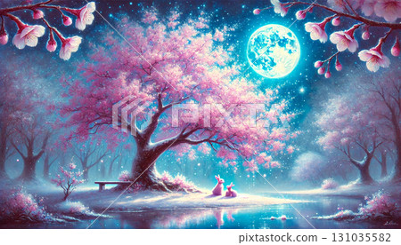 夢幻般的春天風景,兔子們在滿月之夜擠在櫻花下 夢幻般的春天風景,兔子們在滿月之夜擠在櫻花下 131035582