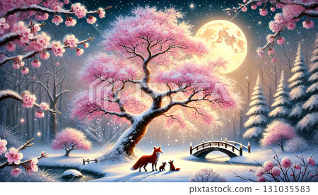 一幅神奇的春季森林場景，滿月之夜，櫻花盛開，雪景環繞，一隻狐狸媽媽和一隻狐狸寶寶站在那裡 131035583