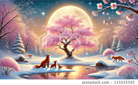一幅夢幻般的奇幻風景畫，畫中狐狸媽媽和孩子在滿月照亮的雪林中仰望櫻花 131035585