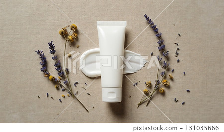 Luxurious white cream tube with lavender and dried flowers, natural skincare product display 131035666