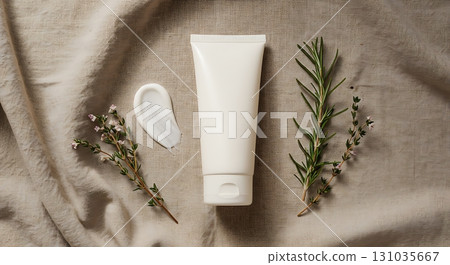 Pure organic skincare cream tube with natural herbs and soft texture, promoting wellness and beauty. 131035667