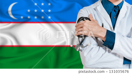 Doctor with stethoscope on Uzbekistan flag. Doctor holding stethoscope on Uzbek flag Doctor with stethoscope on Uzbekistan flag. Doctor holding stethoscope on Uzbek flag 131035676