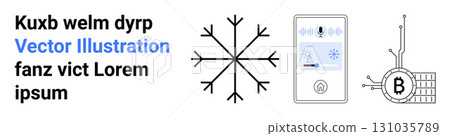 Black 6-branched snowflake, blue and grey smart thermostat, Bitcoin circuit in black outline. Ideal for tech blogs, financial articles, cryptocurrency guides, winter tech themes, smart home info 131035789