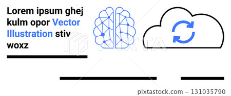 Blueprint of brain network and cloud sync icon. Ideal for AI, machine learning, data storage, cloud computing, tech presentations, digital transformation, software demos. Landing page 131035790