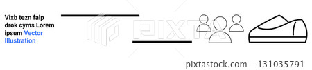 Vector with simple shoe, three minimal people figures, text blocks, and black lines. Ideal for landing pages, website designs, social projects, infographics, branding, UIUX, presentations. Landing 131035791