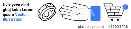 Coin with dollar sign, open palm hand gesture, shopping cart with notification badge. Ideal for online shopping, e-commerce, digital payments, customer service, marketing. Landing page 131035798