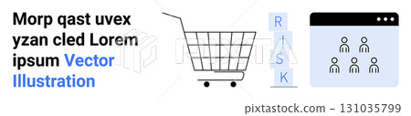 Shopping cart symbolizes online shopping, vertical RISK blocks imply potential factors or analysis, four user icons in a browser window represent a user interface. Ideal for e-commerce, risk Shopping cart symbolizes online shopping, vertical RISK blocks imply potential factors or analysis, four user icons in a browser window represent a user interface. Ideal for e-commerce, risk 131035799