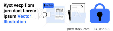 Speech bubble with sound wave, conversation bubble, document folder with files, and blue padlock icon representing secure communication, data storage, privacy, collaboration, digital security Speech bubble with sound wave, conversation bubble, document folder with files, and blue padlock icon representing secure communication, data storage, privacy, collaboration, digital security 131035800