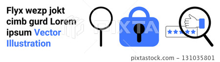 Magnifying glass, blue lock icon, and hand rating stars represent security, quality control, and user feedback. Ideal for technology, cybersecurity, customer reviews, privacy, data protection Magnifying glass, blue lock icon, and hand rating stars represent security, quality control, and user feedback. Ideal for technology, cybersecurity, customer reviews, privacy, data protection 131035801